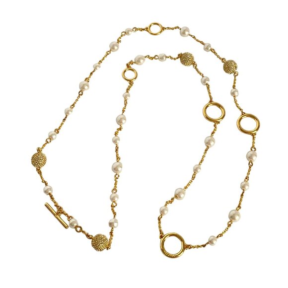 Talbots Pearls Rhinestone Balls Elegant Gold Tone Long or Double Necklace 36in - Picture 7 of 11